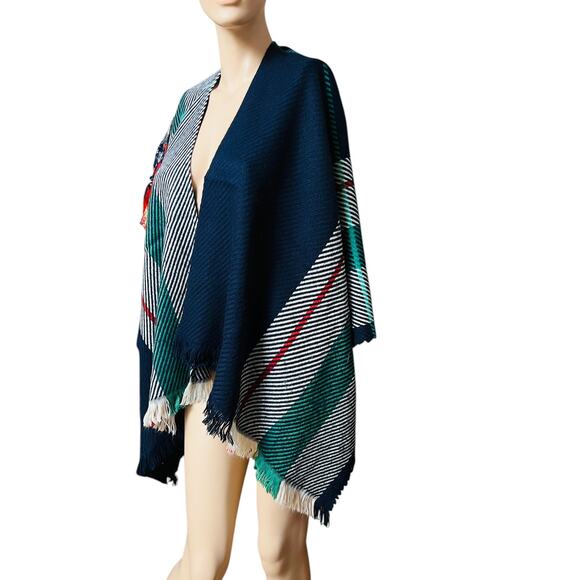 Maje Jacquard Poncho Lightweight Cape Top One Size Open Front Fringed Trim - Picture 6 of 9